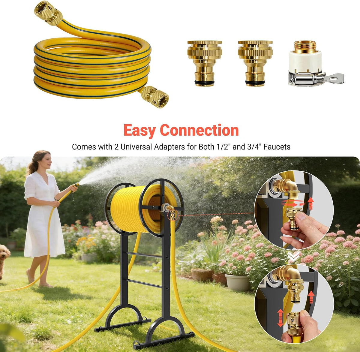 Garden Hose Reel with Handle – Heavy Duty Metal Freestanding Water Hose Holder, Upgraded Retractable Hose Winder for Up 150FT 5/8" Hose, Perfect for Lawn, Yard & Outdoor Use