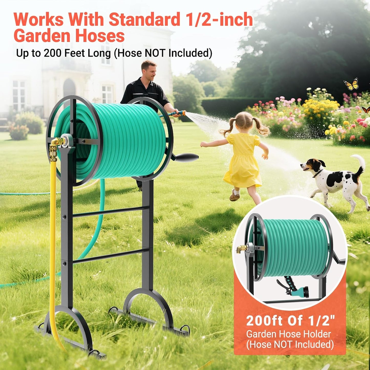 Garden Hose Reel with Handle – Heavy Duty Metal Freestanding Water Hose Holder, Upgraded Retractable Hose Winder for Up 150FT 5/8" Hose, Perfect for Lawn, Yard & Outdoor Use