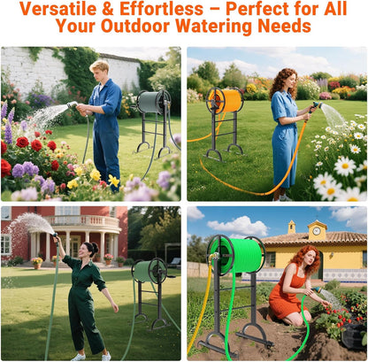Garden Hose Reel with Handle – Heavy Duty Metal Freestanding Water Hose Holder, Upgraded Retractable Hose Winder for Up 150FT 5/8" Hose, Perfect for Lawn, Yard & Outdoor Use
