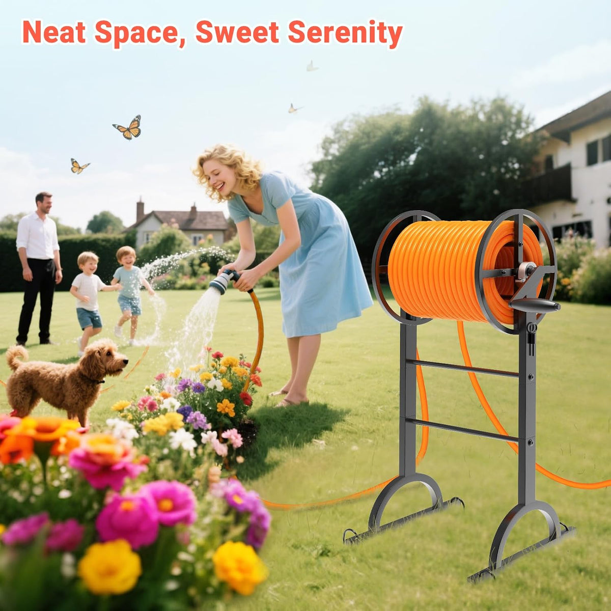 Garden Hose Reel with Handle – Heavy Duty Metal Freestanding Water Hose Holder, Upgraded Retractable Hose Winder for Up 150FT 5/8" Hose, Perfect for Lawn, Yard & Outdoor Use