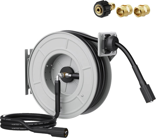 Pressure Washer Hose Reel 60ft, 2600 PSI Power Washer Hose Reel, Pressure Washer Retractable Hose Reel, Heavy Duty, Wall/Floor Mounted