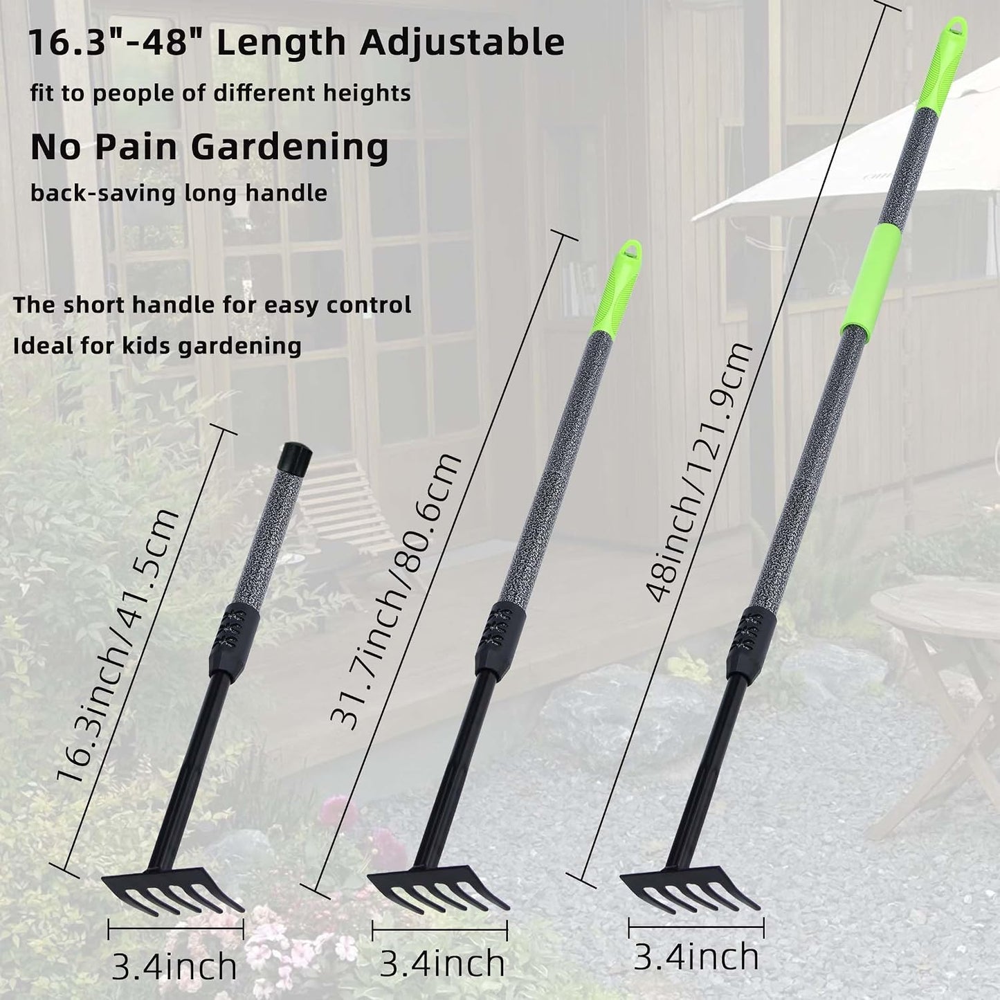Hand Rake, Adjustable Handle Garden Small Rake Garden Tool