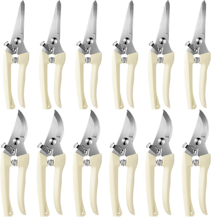 12 Pcs Garden Shears Flower Scissors Pruning Shears Floral Garden Clippers Hand Pruners Branch Cutter Gardening Tools for Plants Cutting, Trimming, Fruits Picking (Beige,Bypass, Straight)