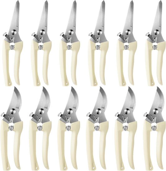 12 Pcs Garden Shears Flower Scissors Pruning Shears Floral Garden Clippers Hand Pruners Branch Cutter Gardening Tools for Plants Cutting, Trimming, Fruits Picking (Beige,Bypass, Straight)