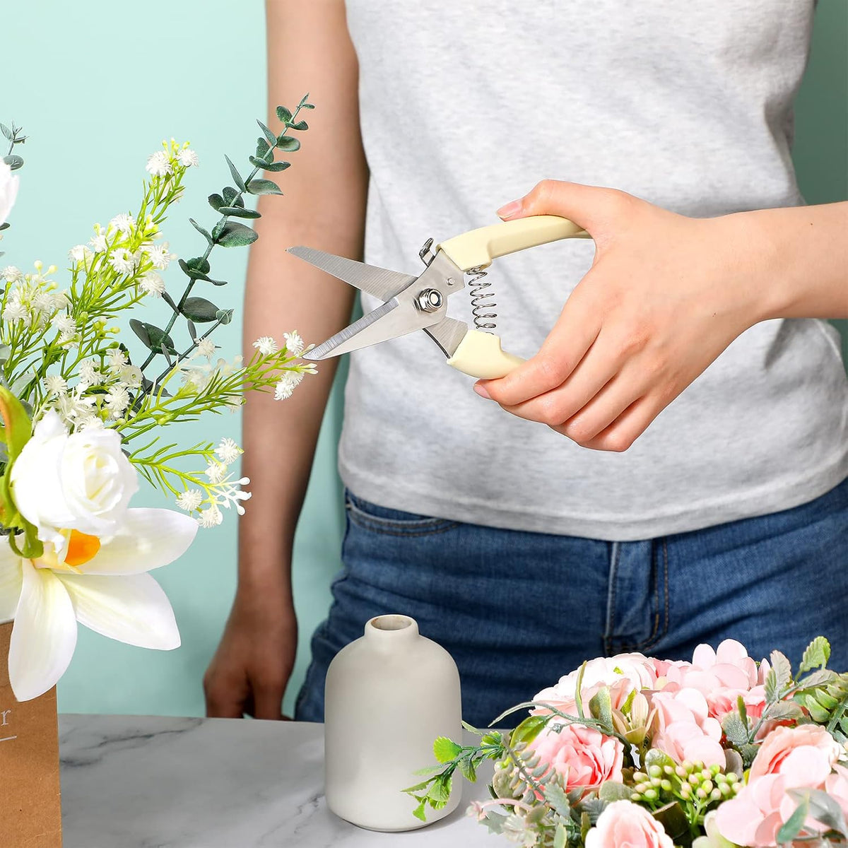 12 Pcs Garden Shears Flower Scissors Pruning Shears Floral Garden Clippers Hand Pruners Branch Cutter Gardening Tools for Plants Cutting, Trimming, Fruits Picking (Beige,Bypass, Straight)