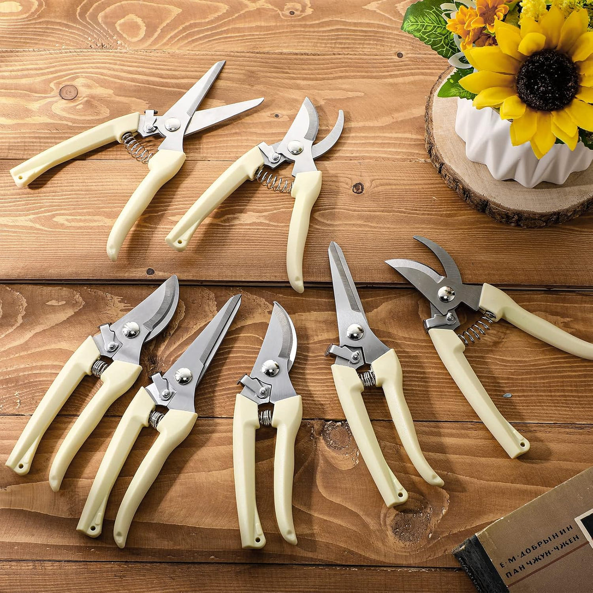 12 Pcs Garden Shears Flower Scissors Pruning Shears Floral Garden Clippers Hand Pruners Branch Cutter Gardening Tools for Plants Cutting, Trimming, Fruits Picking (Beige,Bypass, Straight)