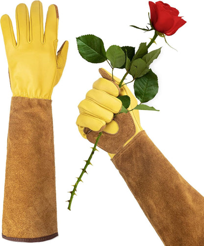 Long Gardening Gloves for Women Thorn Proof,Rose Pruning Cowhide Leather Garden Glove for Cactus, Rose and Blackberry