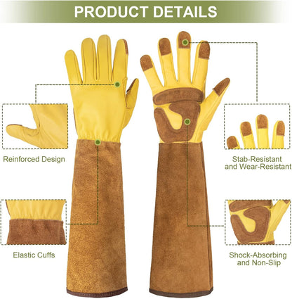 Long Gardening Gloves for Women Thorn Proof,Rose Pruning Cowhide Leather Garden Glove for Cactus, Rose and Blackberry
