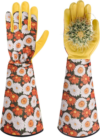 Long Gardening Gloves for Women Thorn Proof,Rose Pruning Cowhide Leather Garden Glove for Cactus, Rose and Blackberry