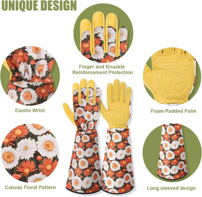 Long Gardening Gloves for Women Thorn Proof,Rose Pruning Cowhide Leather Garden Glove for Cactus, Rose and Blackberry