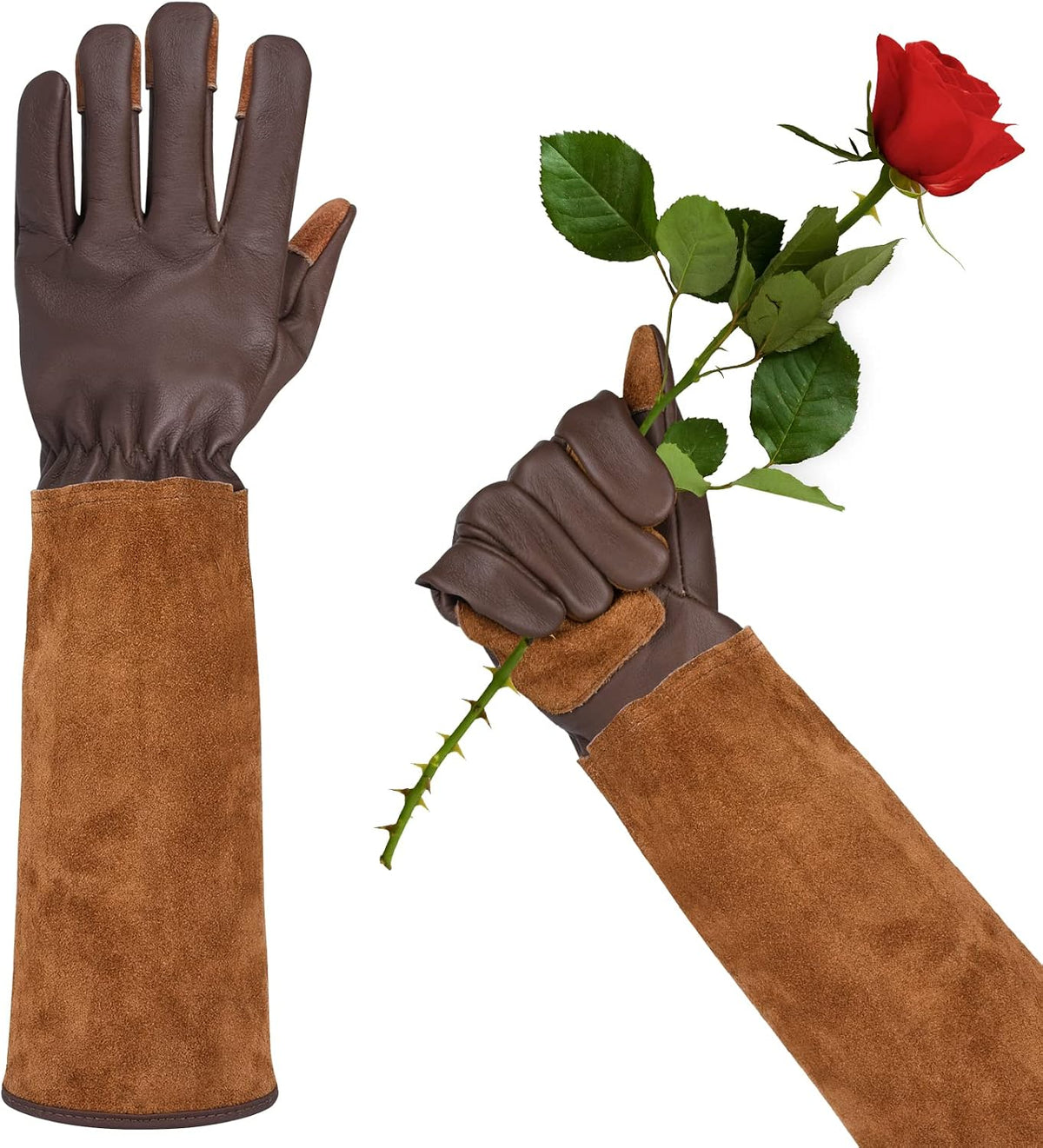 Long Gardening Gloves for Women Thorn Proof,Rose Pruning Cowhide Leather Garden Glove for Cactus, Rose and Blackberry