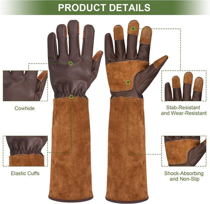 Long Gardening Gloves for Women Thorn Proof,Rose Pruning Cowhide Leather Garden Glove for Cactus, Rose and Blackberry