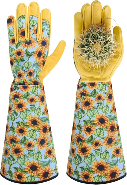 Long Gardening Gloves for Women Thorn Proof,Rose Pruning Cowhide Leather Garden Glove for Cactus, Rose and Blackberry