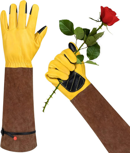 Long Gardening Gloves for Women Thorn Proof,Rose Pruning Cowhide Leather Garden Glove for Cactus, Rose and Blackberry