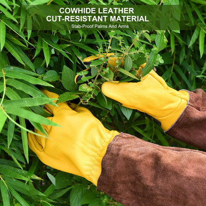 Long Gardening Gloves for Women Thorn Proof,Rose Pruning Cowhide Leather Garden Glove for Cactus, Rose and Blackberry