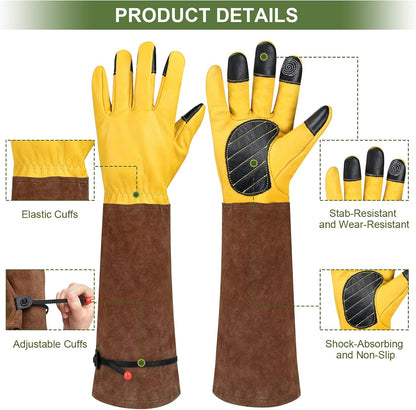 Long Gardening Gloves for Women Thorn Proof,Rose Pruning Cowhide Leather Garden Glove for Cactus, Rose and Blackberry