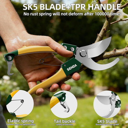 9" Bypass Pruning Shears, SK5 Steel Pruning Shears for Gardening, Garden Clippers with 2-Position Adjustable Jaw for Thick Branches, Landscaping