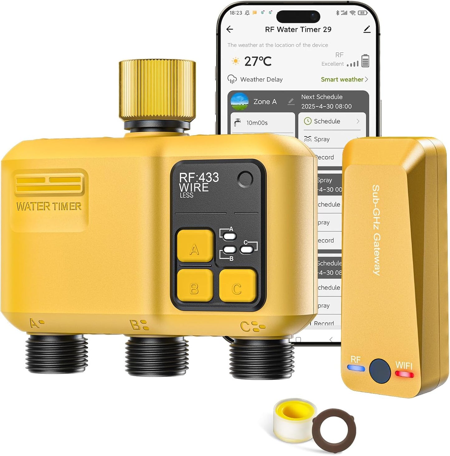 WiFi Water Timer 3 Outlet Garden, Brass Inlet
