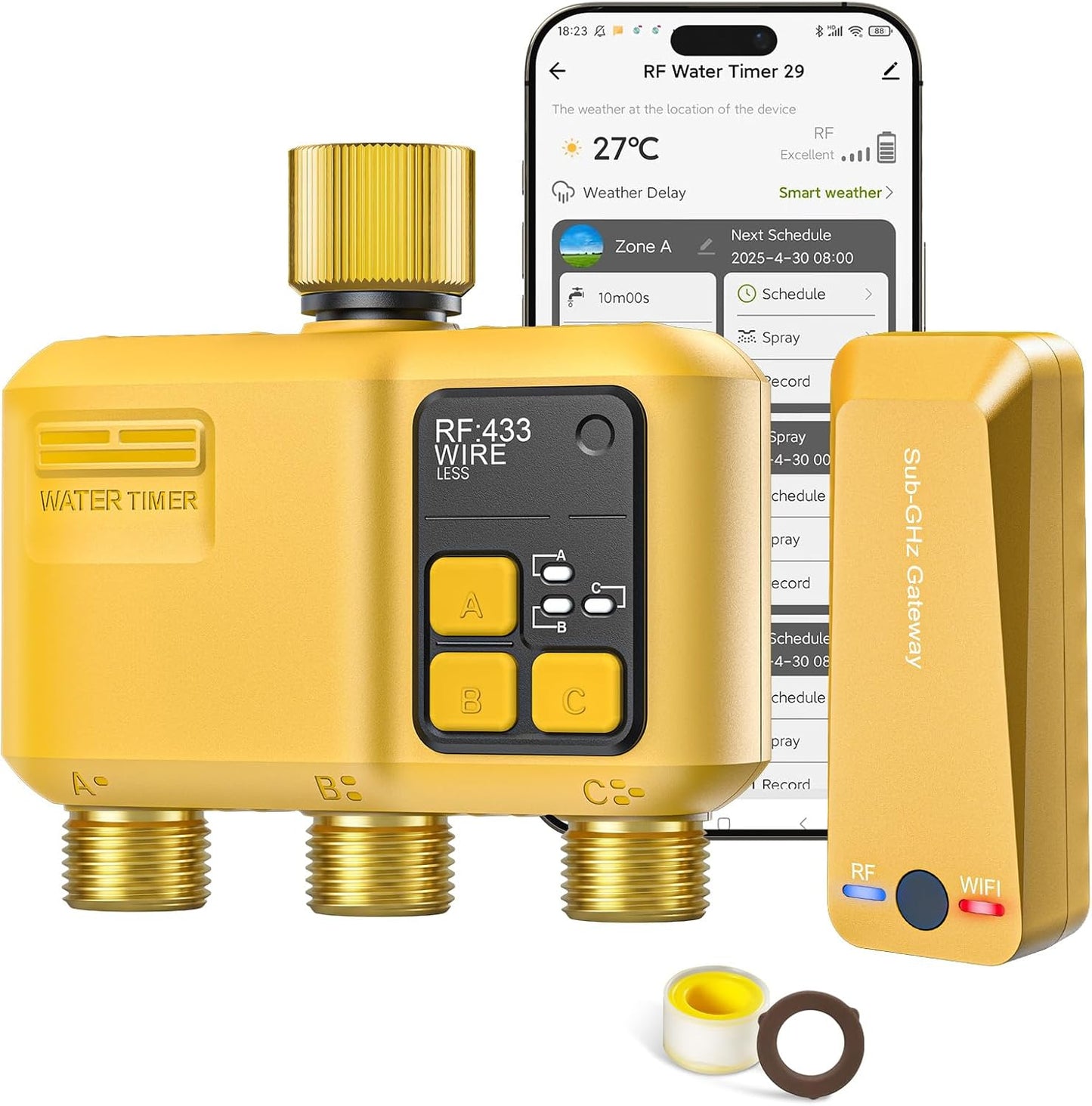 WiFi Water Timer 3 Outlet Garden, Brass Inlet