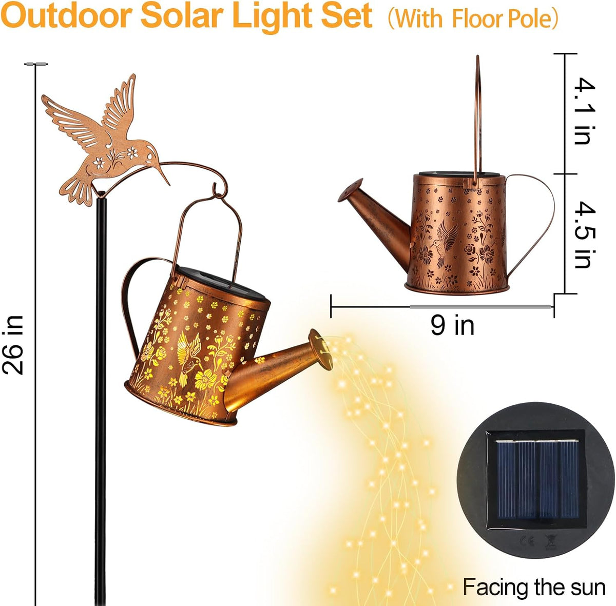 Hummingbird Solar Watering Can Lantern Outdoor Waterproof Garden Decor