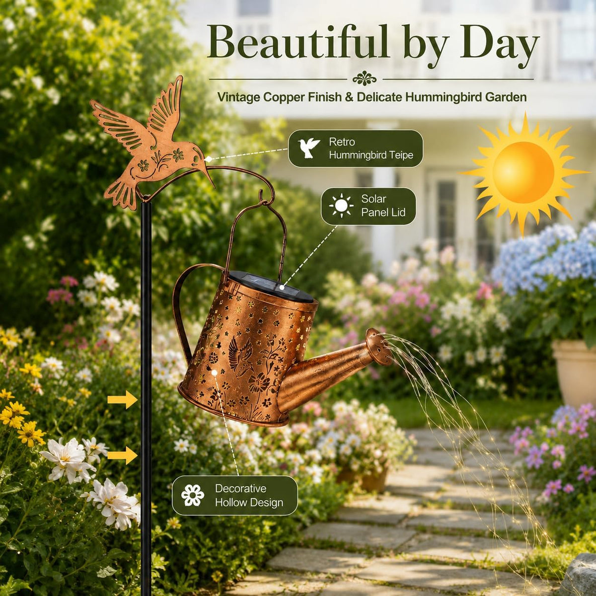 Hummingbird Solar Watering Can Lantern Outdoor Waterproof Garden Decor
