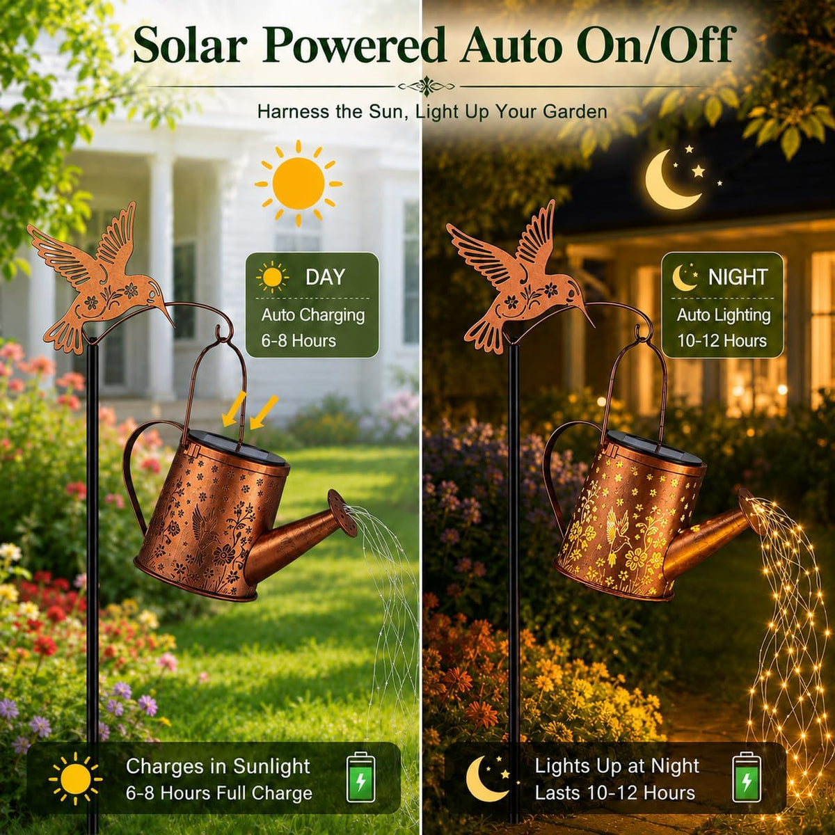 Hummingbird Solar Watering Can Lantern Outdoor Waterproof Garden Decor