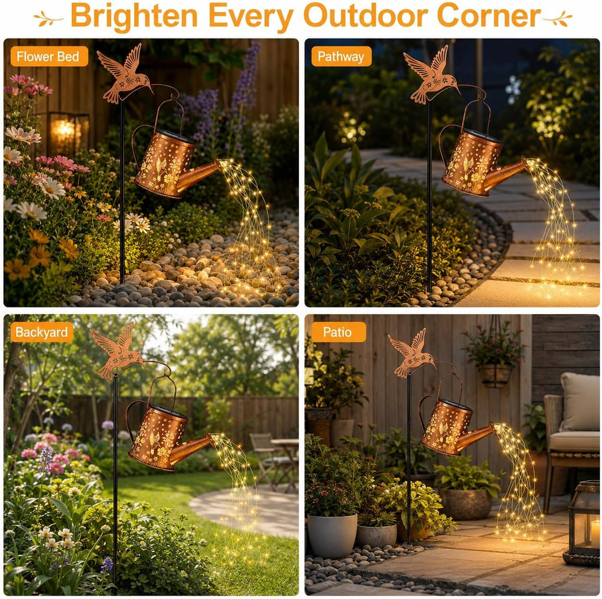 Hummingbird Solar Watering Can Lantern Outdoor Waterproof Garden Decor