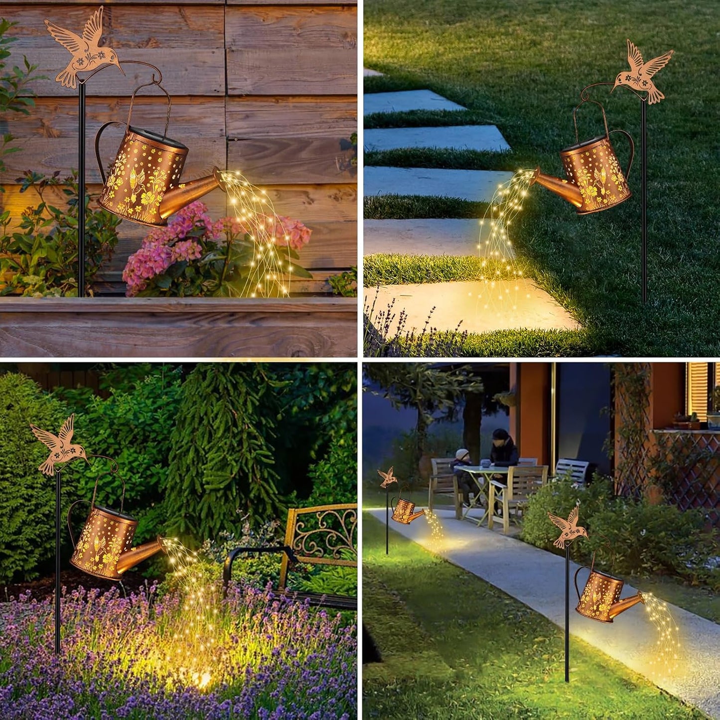 Hummingbird Solar Watering Can Lantern Outdoor Waterproof Garden Decor