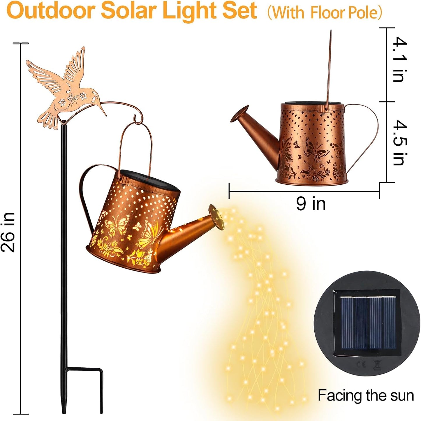 Hummingbird Solar Watering Can Lantern Outdoor Waterproof Garden Decor