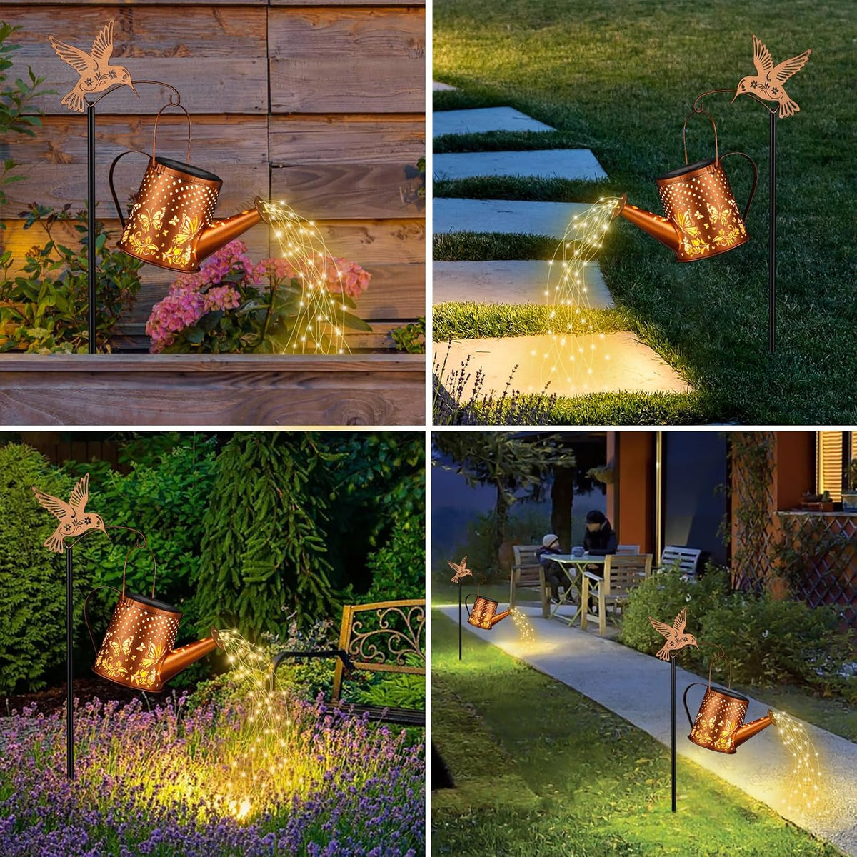 Hummingbird Solar Watering Can Lantern Outdoor Waterproof Garden Decor