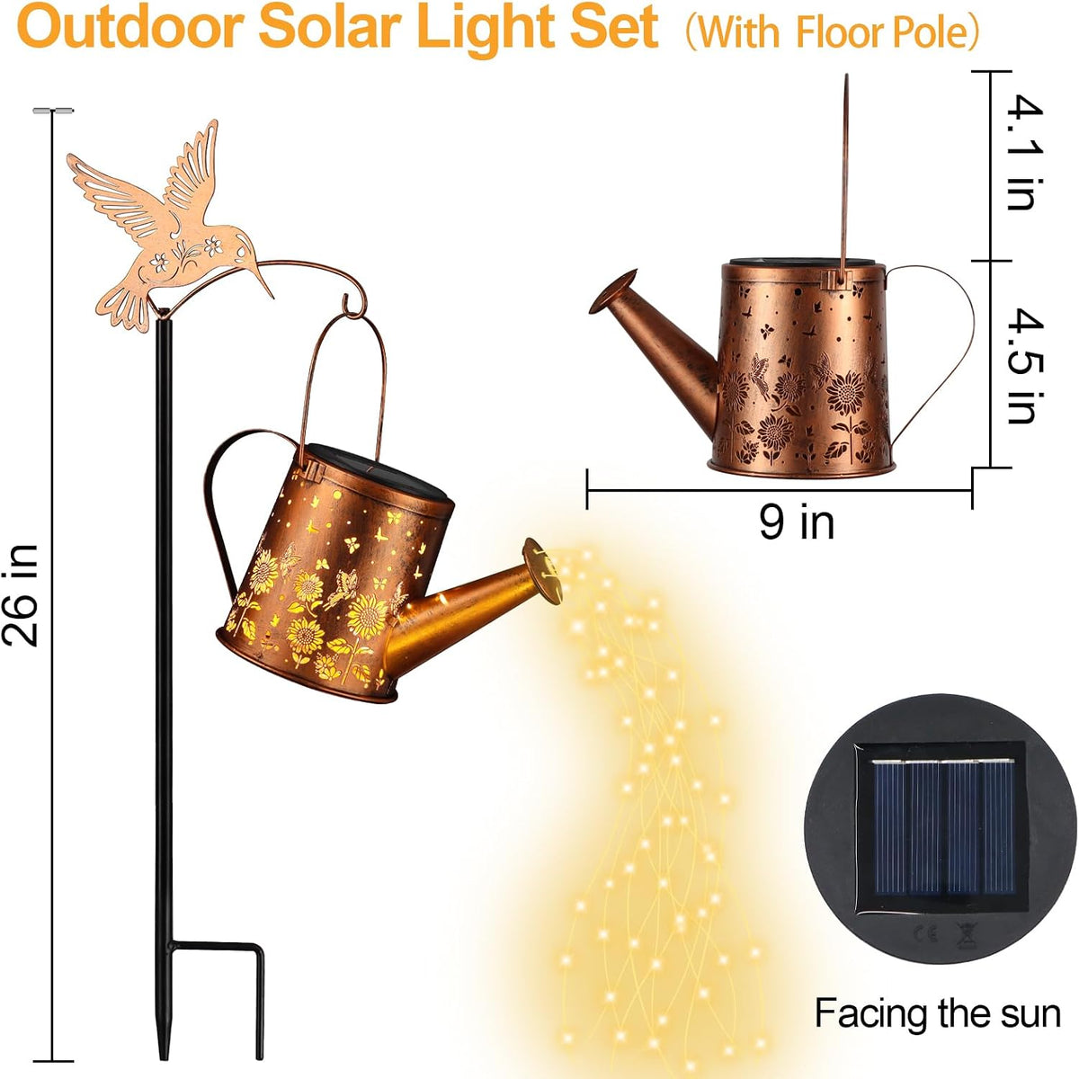 Hummingbird Solar Watering Can Lantern Outdoor Waterproof Garden Decor