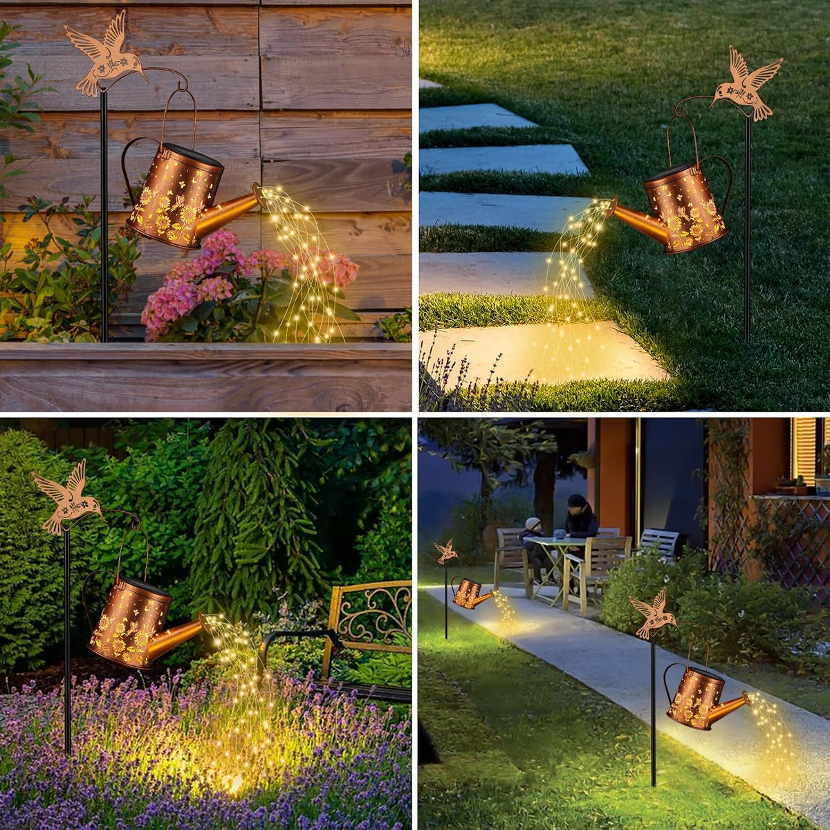 Hummingbird Solar Watering Can Lantern Outdoor Waterproof Garden Decor