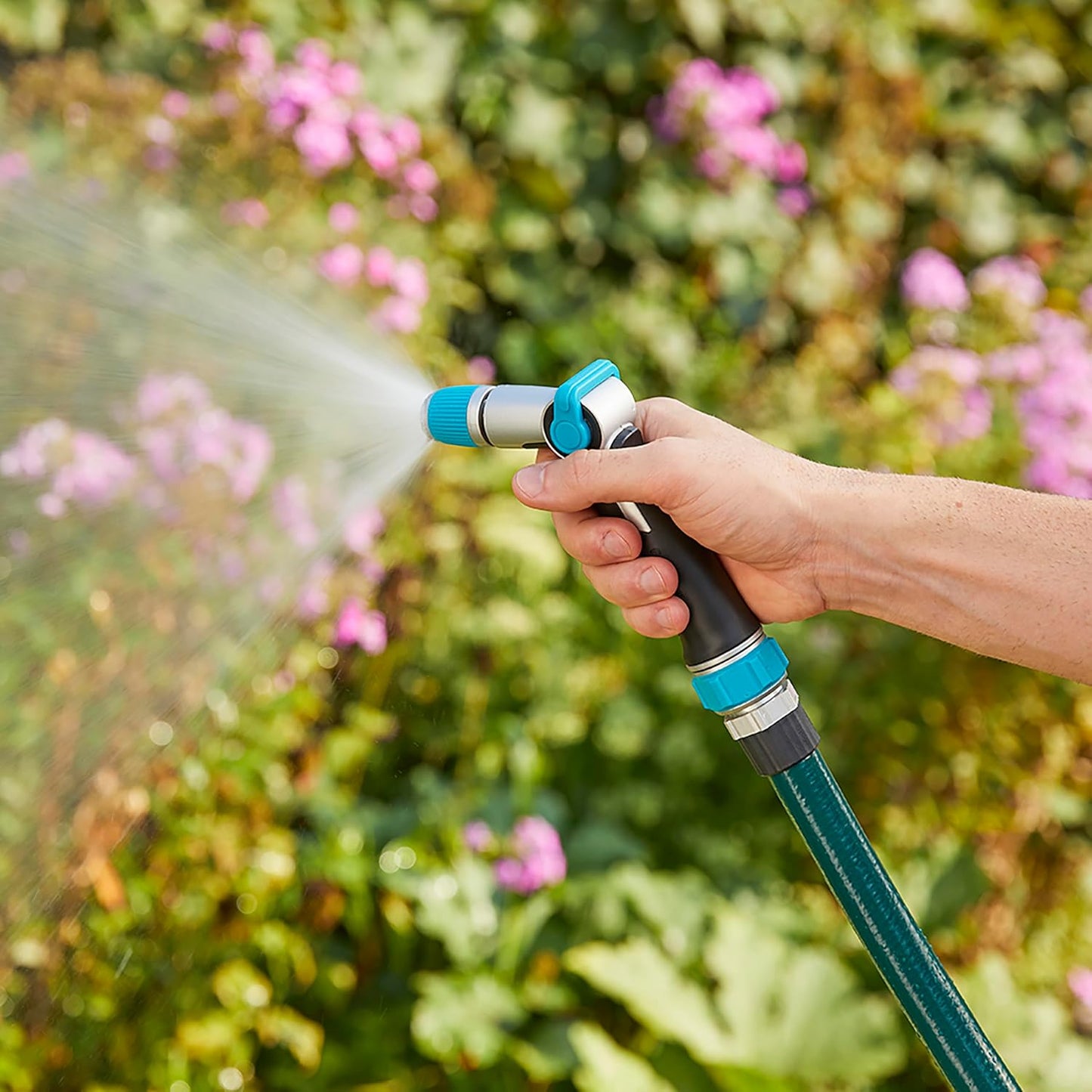 Medium Duty Thumb Control Garden Hose Nozzle with Adjustable Spray Pattern, Water Hose Nozzle for Watering Garden or Lawn, Black/Aqua