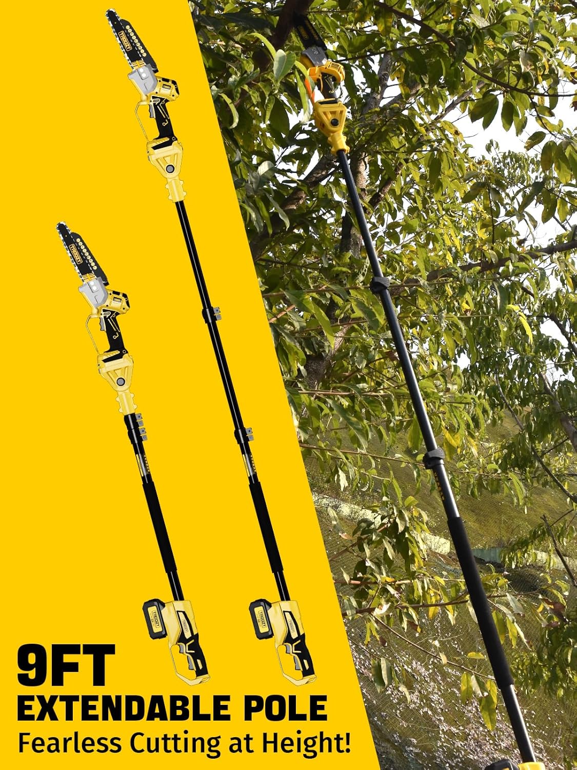 Cordless Pole Saw, 8-INCH 2-IN-1 Chainsaw with 21V 4.0Ah Battery Powered, Electric Tree Trimmer with 9FT Telescopic Pole, 180°Angle for Tree Branches Pruning & Wood Cutting, Battery Included