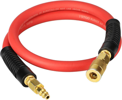 Heavy Rubber Short Air Hose 3/8-Inch by 3-Feet, 300 PSI Lead in Air Compressor Hose, Kink Resistant, All-Weather Flexibility with 1/4-Inch Brass Male Fittings, Bend Restrictors, Red