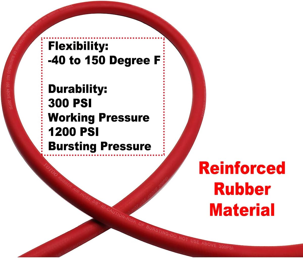 Heavy Rubber Short Air Hose 3/8-Inch by 3-Feet, 300 PSI Lead in Air Compressor Hose, Kink Resistant, All-Weather Flexibility with 1/4-Inch Brass Male Fittings, Bend Restrictors, Red