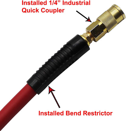 Heavy Rubber Short Air Hose 3/8-Inch by 3-Feet, 300 PSI Lead in Air Compressor Hose, Kink Resistant, All-Weather Flexibility with 1/4-Inch Brass Male Fittings, Bend Restrictors, Red