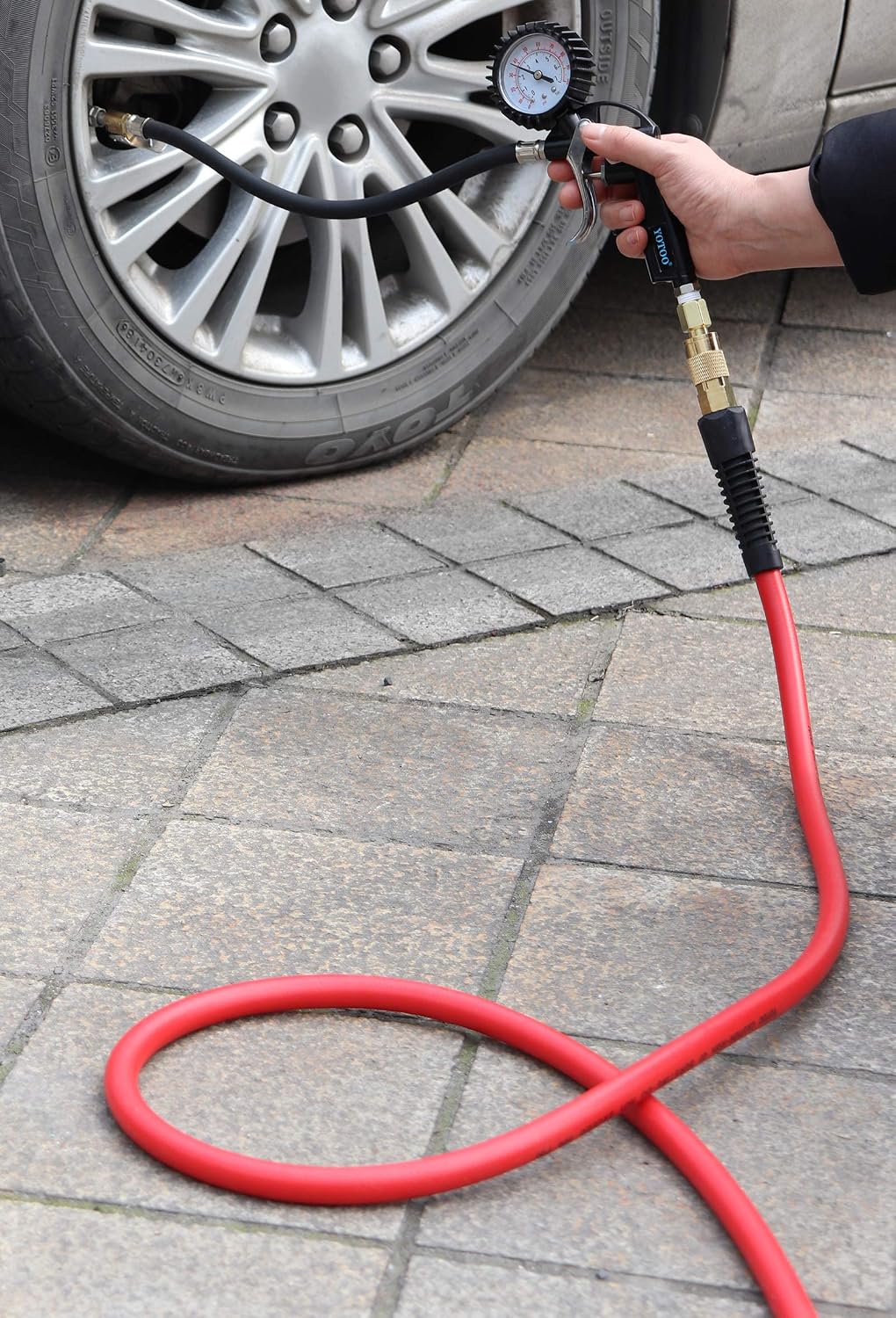 Heavy Rubber Short Air Hose 3/8-Inch by 3-Feet, 300 PSI Lead in Air Compressor Hose, Kink Resistant, All-Weather Flexibility with 1/4-Inch Brass Male Fittings, Bend Restrictors, Red