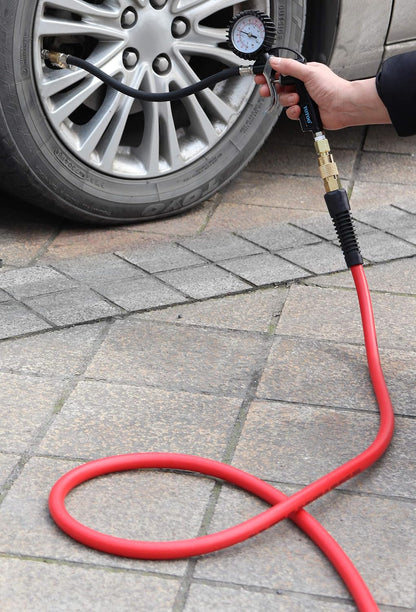 Heavy Rubber Short Air Hose 3/8-Inch by 3-Feet, 300 PSI Lead in Air Compressor Hose, Kink Resistant, All-Weather Flexibility with 1/4-Inch Brass Male Fittings, Bend Restrictors, Red