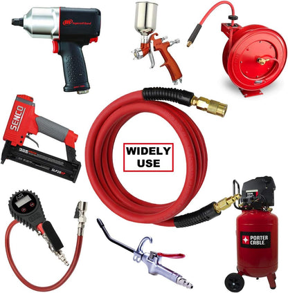 Heavy Rubber Short Air Hose 3/8-Inch by 3-Feet, 300 PSI Lead in Air Compressor Hose, Kink Resistant, All-Weather Flexibility with 1/4-Inch Brass Male Fittings, Bend Restrictors, Red