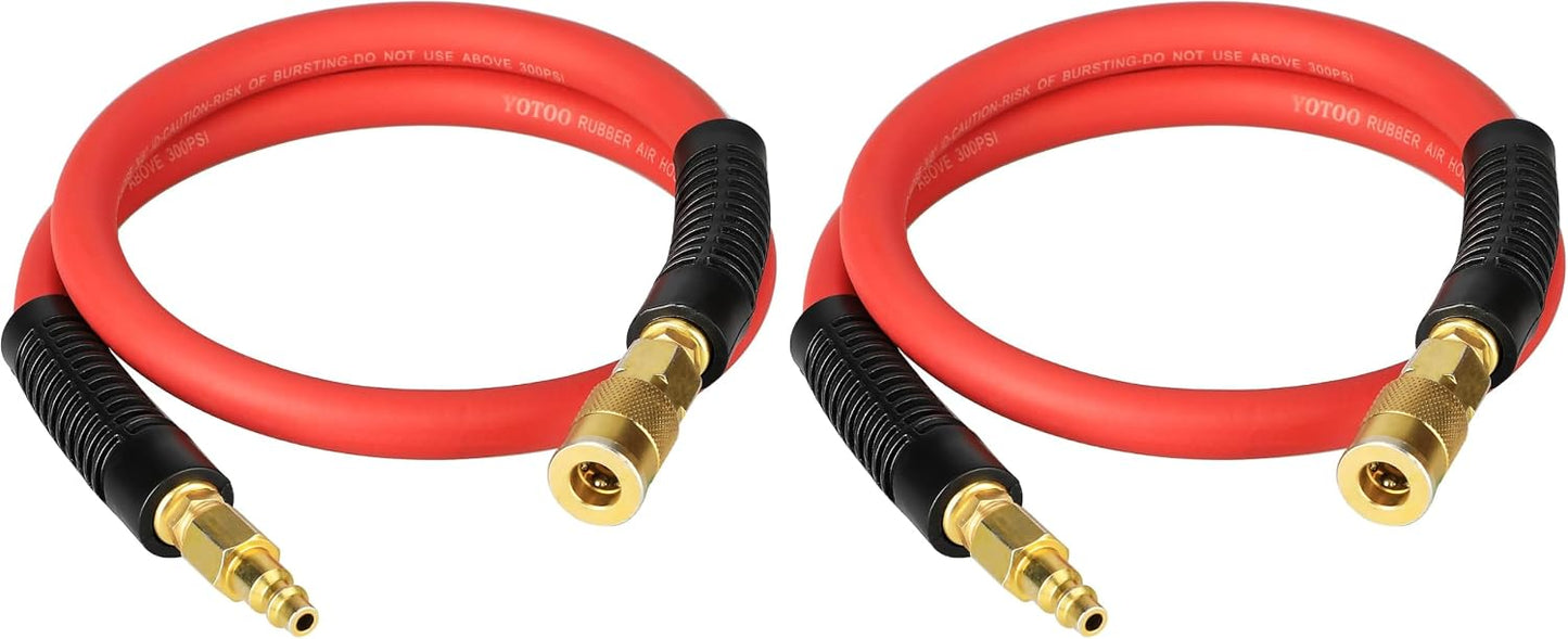 Heavy Rubber Short Air Hose 3/8-Inch by 3-Feet, 300 PSI Lead in Air Compressor Hose, Kink Resistant, All-Weather Flexibility with 1/4-Inch Brass Male Fittings, Bend Restrictors, Red