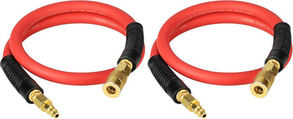 Heavy Rubber Short Air Hose 3/8-Inch by 3-Feet, 300 PSI Lead in Air Compressor Hose, Kink Resistant, All-Weather Flexibility with 1/4-Inch Brass Male Fittings, Bend Restrictors, Red