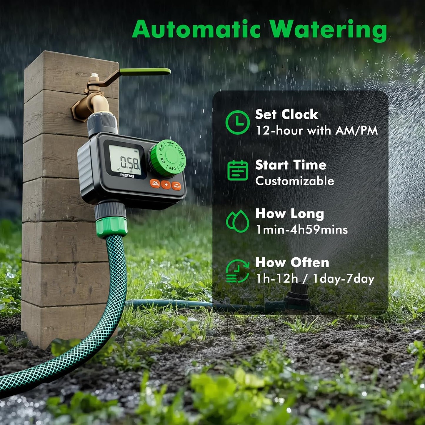 Sprinkler Timer, Programmable Water Timer for Garden Hose, Automatic Control | Manual ON/Off | Rain Delay for Outdoor Faucet, Drip Irrigation and Lawn Watering System
