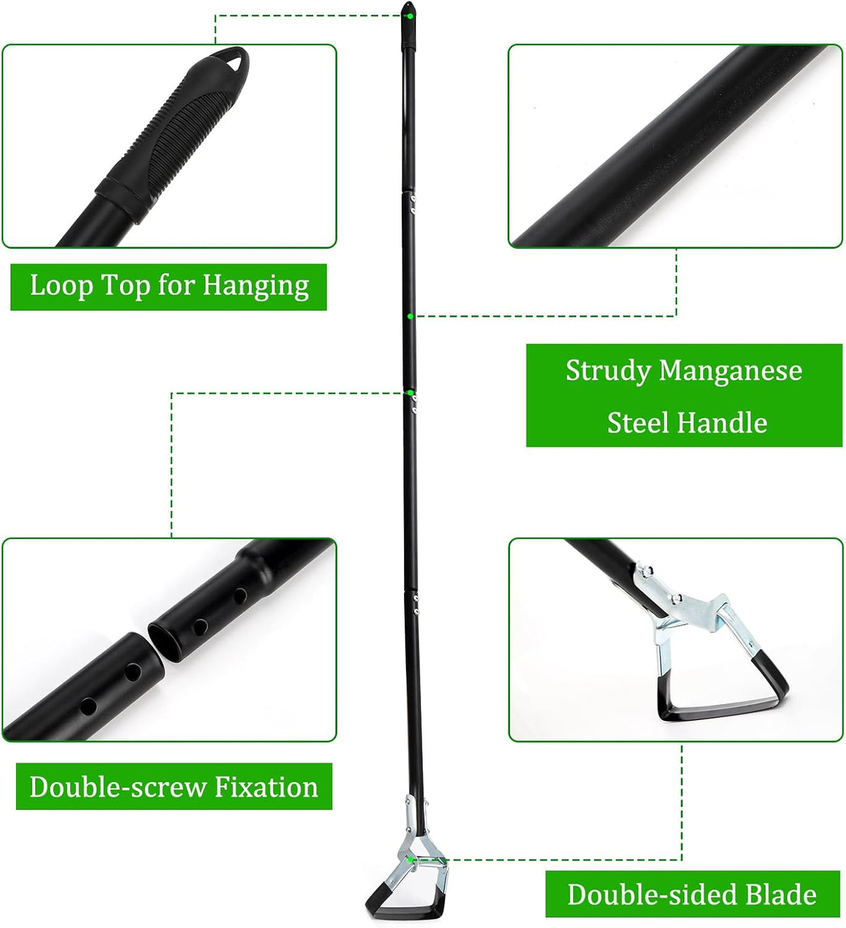 Lawei Adjustable Hoe Garden Tool, 68.5 Inch 4-Section Long Handle Scuffle Loop Hoe for Weeding, Heavy Duty Steel Stirrup Action Hoe with Triangle Head for Lawn, Yard, Flower Beds and Vegetable Gardens