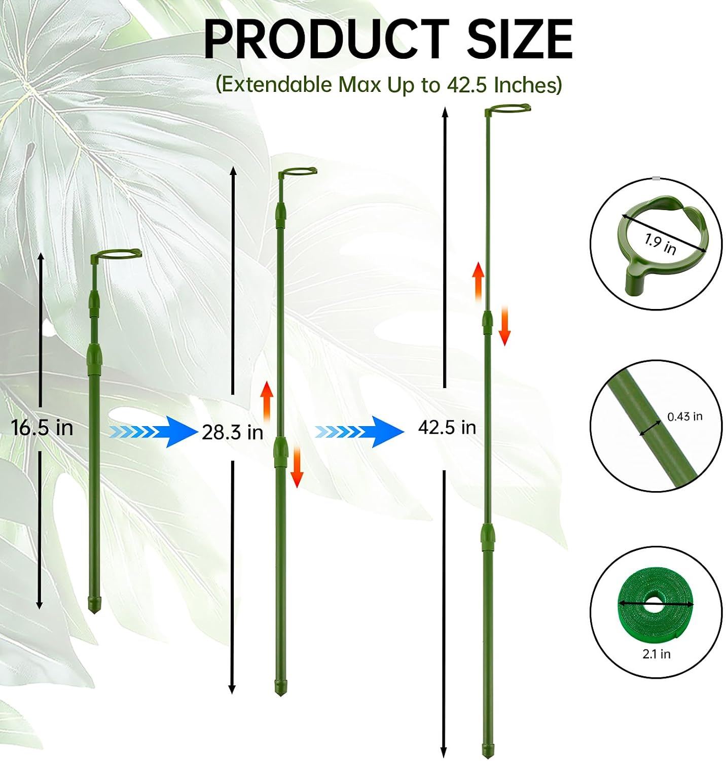 3 Pack Extendable Plant Stakes, 16.5-42.5 Inch Plant Stakes for Indoor Outdoor, Adjustable Monstera Plant Support Sticks with Clips for Clombing Plants, Vine, Orchid, Tomato, Vegetables