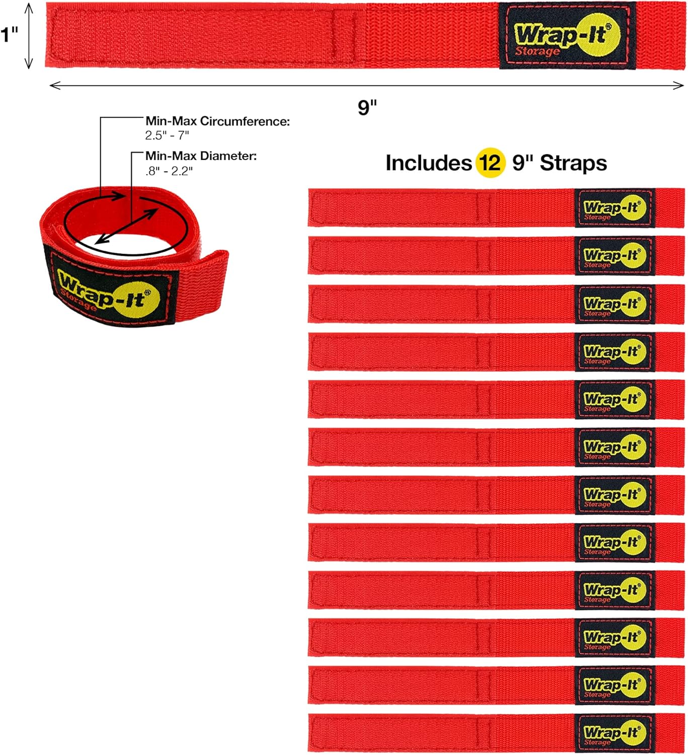 Quick-Strap Cord Wraps, 9 inch (12 Pack) Red