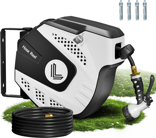 5/16 Inch x 40 Ft Retractable Garden Hose Reel, Extremely Durable, Adjustable Length Lock, Gradual Return Mechanism, Wall-Mounted with 180 Degree Swivel Bracket, White