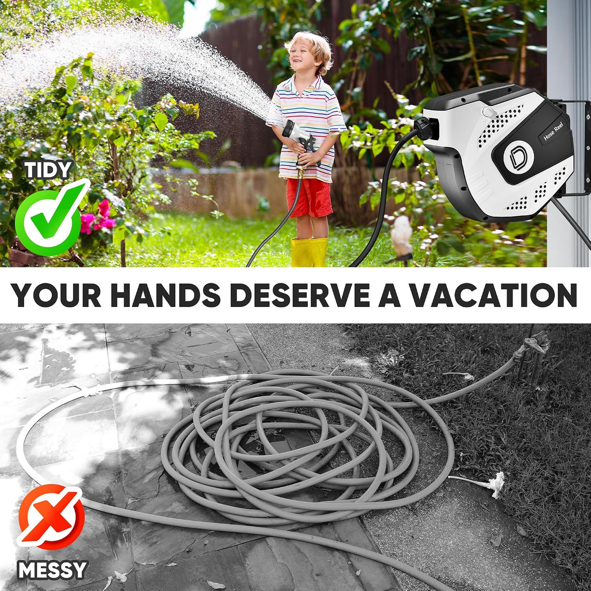 5/16 Inch x 40 Ft Retractable Garden Hose Reel, Extremely Durable, Adjustable Length Lock, Gradual Return Mechanism, Wall-Mounted with 180 Degree Swivel Bracket, White