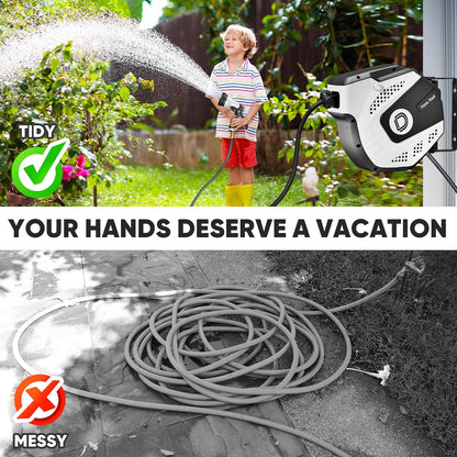 5/16 Inch x 40 Ft Retractable Garden Hose Reel, Extremely Durable, Adjustable Length Lock, Gradual Return Mechanism, Wall-Mounted with 180 Degree Swivel Bracket, White