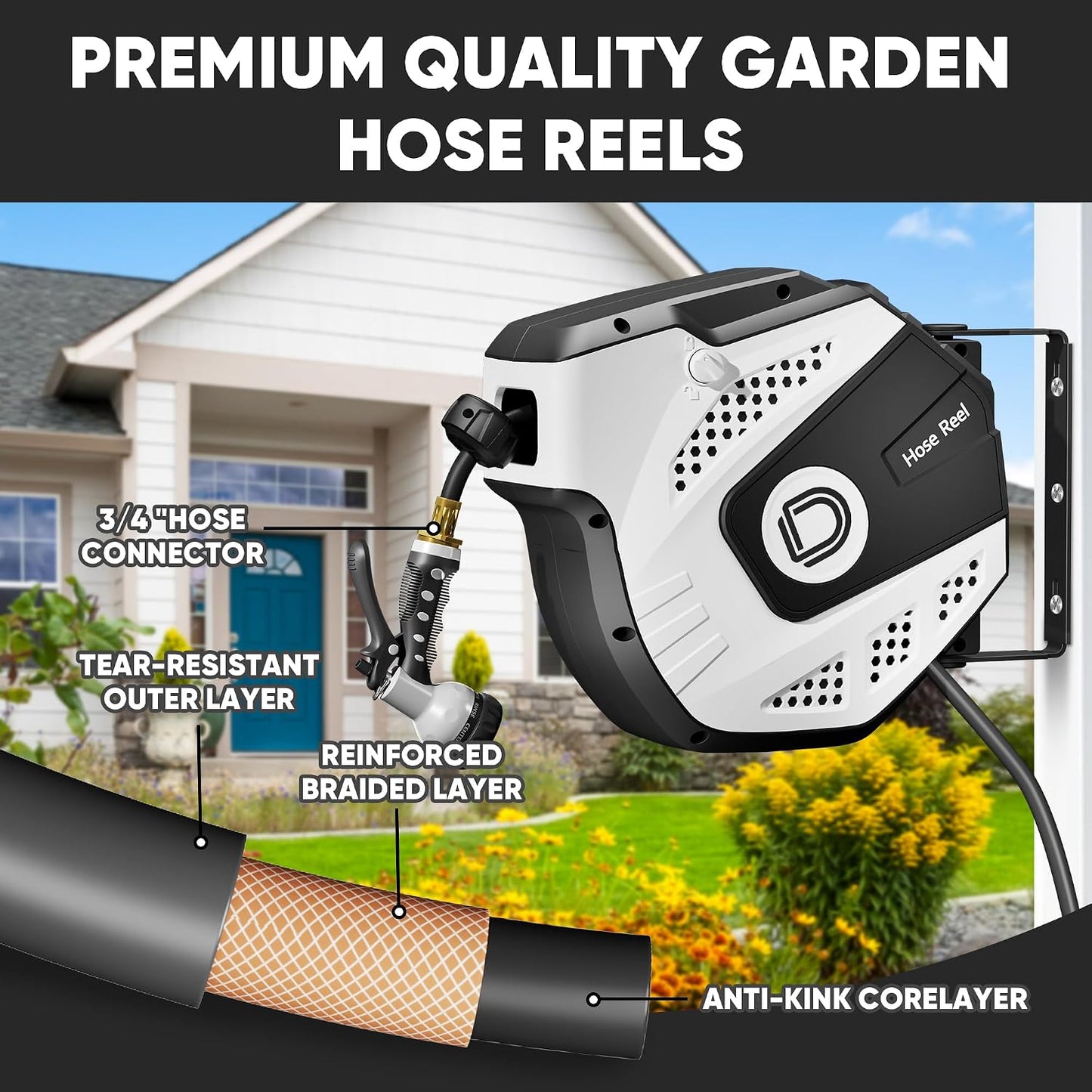 5/16 Inch x 40 Ft Retractable Garden Hose Reel, Extremely Durable, Adjustable Length Lock, Gradual Return Mechanism, Wall-Mounted with 180 Degree Swivel Bracket, White